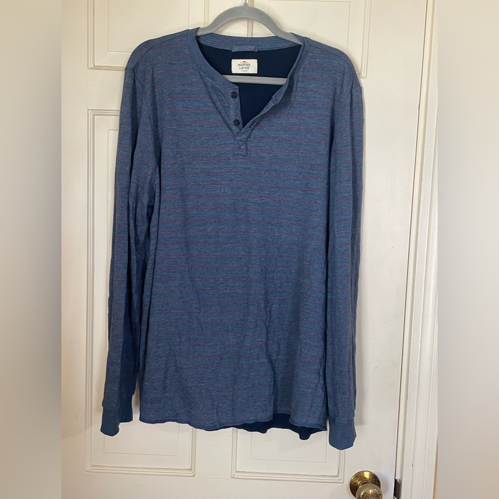 MARINE LAYER Double Knit Henley Navy/Red Stripe Size XL Men Soft